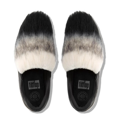 FitFlop Loaff Slip-On Leather Sneakers with Fuax Fur Black